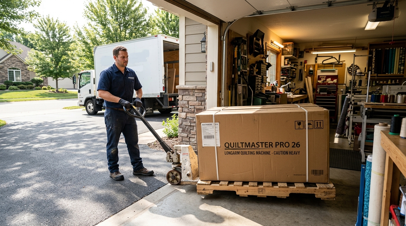 Certified Factory-Serviced Longarm Machines Packaged for Curbside Freight Delivery