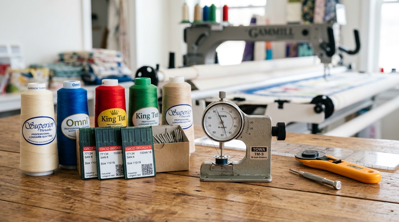 Towa Bobbin Tension Gauge, Groz-Beckert Needles, and Superior Threads Cones